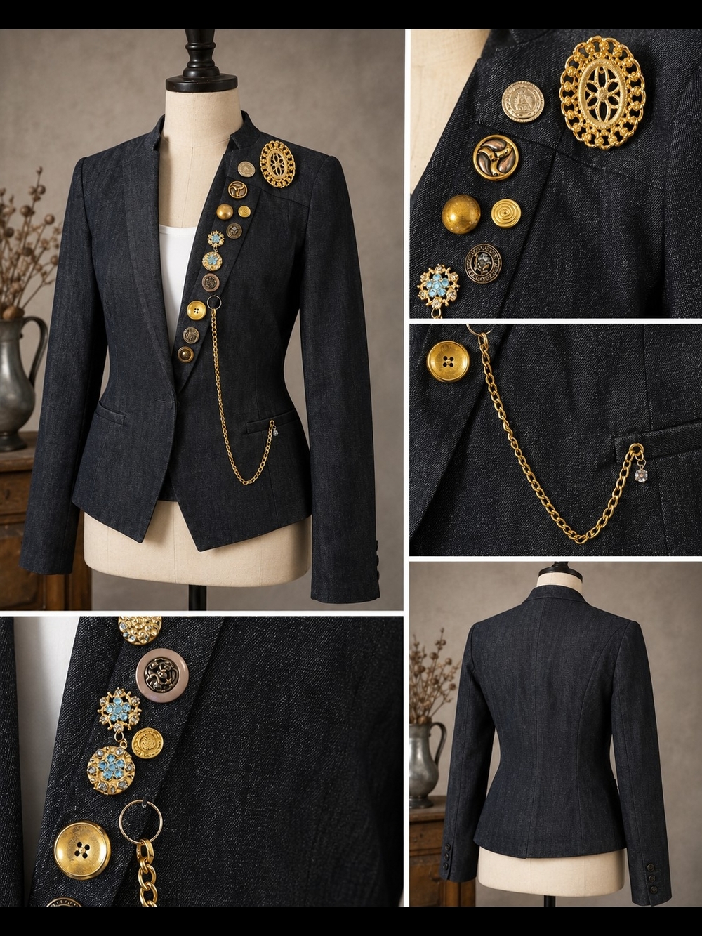 Women's Dark Blue Denim Cropped Blazer Jacket with Decorative Buttons